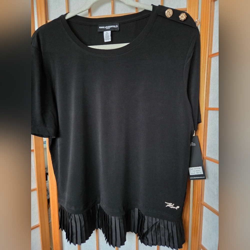 NWT WOMENS KARL LAGERFELD PARIS BLACK STRETCH POLYESTER PULLOVER BLOUSE MEDIUM - Picture 2 of 6
